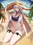  1girl absurdres algerie_(azur_lane) algerie_(white_sand_angel)_(azur_lane) azur_lane bare_legs beach braid braided_bangs breasts gachi_fa hand_on_headwear hat highres large_breasts legs lipstick long_hair looking_at_viewer makeup navel ocean silver_hair sitting solo stomach sun_hat swimsuit thighs very_long_hair violet_eyes 