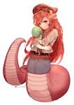  1girl absurdres hair_ornament hairclip hat highres huge_filesize kyeryu0 lamia long_hair looking_at_viewer miia_(monster_musume) monster_girl monster_musume_no_iru_nichijou pointy_ears redhead scales slit_pupils smile solo stuffed_toy yellow_eyes younger 