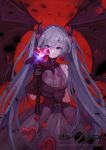  1girl :o absurdres aiming_at_viewer bangs black_dress black_gloves black_wings breasts chicken_(dalg-idalg) copyright_name corset cowboy_shot cross-laced_clothes debris demon_girl demon_horns dress forever_7th_capital gem glint gloves hair_between_eyes hair_ornament hatsune_miku heart heart_hair_ornament highres holding holding_staff horns large_breasts long_hair looking_at_viewer motion_blur petals red_background silver_hair simple_background sleeveless sleeveless_dress solo staff torn_wings very_long_hair violet_eyes vocaloid wings 