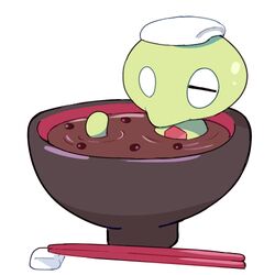  bathing bowl chopstick_rest chopsticks food gen_6_pokemon legendary_pokemon lowres mei_(maysroom) no_humans partially_submerged pokemon pokemon_(creature) puni_(pokemon) simple_background solo soup towel towel_on_head white_background zygarde zygarde_core 