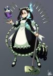  1girl absurdres alternate_costume apron aqua_eyes asymmetrical_bangs bangs black_footwear black_hair black_nails breasts commentary enmaided gen_8_pokemon grey_background highres holding jmg long_hair long_sleeves looking_at_viewer maid maid_apron maid_dress maid_headdress mary_(pokemon) morpeko morpeko_(hangry) pantyhose pokemon pokemon_(game) pokemon_swsh shoes simple_background skull skullgirls small_breasts solo twintails white_legwear 