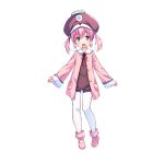  1girl artist_request blue_eyes boots brown_headwear brown_overalls dennou_tenshi_jibril full_body hair_bobbles hair_ornament halo hat jacket long_hair luvriel makai_tenshi_djibril official_art open_mouth outstretched_arms overalls pantyhose pink_footwear pink_hair pink_jacket short_shorts shorts simple_background smile solo twintails white_background white_legwear 
