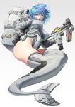  1girl blue_eyes blue_hair bubble covered_nipples gloves gradient gradient_background grey_gloves gun hand_on_hip highres holding holding_gun holding_weapon ihobus mermaid monster_girl open_mouth original short_hair solo teeth upper_teeth weapon 