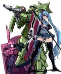  1girl blue_hair flag gun gundam hatsune_miku holding holding_flag holding_gun holding_weapon looking_to_the_side mecha one-eyed red_eyes smile thigh-highs twintails vocaloid weapon yuya zaku_ii zaku_ii_s_char_custom zeon 