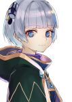  1girl bangs blue_eyes blunt_bangs character_request closed_mouth coat eyebrows_visible_through_hair from_side green_coat grey_hair hair_ornament highres hood hood_down hooded_coat looking_at_viewer looking_to_the_side luicent re:creators short_hair simple_background smile solo upper_body white_background 