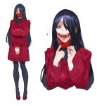  1girl absurdres black_hair breasts coat full_body glasgow_smile hair_over_one_eye high_heels highres kuchisake-onna large_breasts long_hair mask mask_pull mouth_mask multiple_views original pantyhose red_eyes sohn_woohyoung trench_coat 