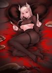  1girl absurdres barefoot black_bra black_legwear black_panties bra demon demon_girl demon_horns demon_kogure feet fork grey_skin hellcherr helltaker highres horns knife lucifer panties toes underwear 