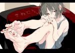  1girl bare_shoulders barefoot closed_mouth collarbone couch eyebrows_visible_through_hair feet fingernails grey_hair hands_together leg_up original red_eyes red_nails sansaro_rii short_hair signature sitting smile solo toenails 