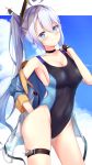 1girl alternate_costume azur_lane bare_shoulders blue_eyes blue_jacket blue_sky blush breasts closed_mouth clouds competition_swimsuit covered_navel eyebrows_visible_through_hair heart heart-shaped_pupils heart_in_eye highres jacket large_breasts long_hair looking_at_viewer miso_(misomiso_154) one-piece_swimsuit open_mouth portland_(azur_lane) side_ponytail silver_hair sky smile solo swimsuit symbol-shaped_pupils symbol_in_eye turret very_long_hair 