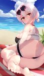  1girl ass azur_lane back bangs bare_legs bare_shoulders barefoot beach black_swimsuit blue_sky breasts eyewear_on_head glasses highres looking_at_viewer looking_back ocean ocean_bottom red_eyes short_hair silver_hair sirius_(azur_lane) sirius_(midsummer_seirios)_(azur_lane) skai_kun sky soles solo swimsuit thighs thong white_hair 