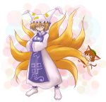  animal_ears blonde_hair cat_ears cat_tail chen fox_ears fox_tail hat hug madara madara_inosuke multiple_tails short_hair tail tail_hug touhou yakumo_ran 