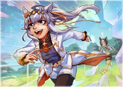  2girls absurdres ahoge anazel animal_ears arima_kinen black_pantyhose black_shorts blue_eyes breasts broken_glass brooch brown_hair brown_shirt closed_eyes closed_mouth clothing_cutout commentary cropped_jacket diamond_brooch ear_ornament english_commentary glass gloves green_necktie grey_hair grey_leotard grey_tail hair_between_eyes hair_ornament hair_ribbon hairband highres hip_vent horse_ears horse_girl horse_tail jacket jewelry leotard long_hair long_sleeves medium_breasts mejiro_ryan_(down_the_line)_(umamusume) mejiro_ryan_(umamusume) midriff multicolored_hair multiple_girls navel neckerchief necktie oguri_cap_(cinderella_gray)_(umamusume) oguri_cap_(umamusume) open_mouth overskirt pantyhose ponytail red_neckerchief ribbon running shirt shirt_under_shirt short_hair shorts smile star_brooch striped_clothes striped_jacket tail teeth tied_shirt two-tone_hair umamusume umamusume:_cinderella_gray vertical-striped_clothes vertical-striped_jacket white_gloves white_hair white_jacket white_shorts 