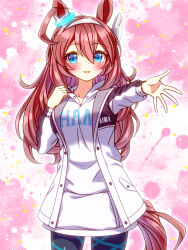  1girl ahoge animal_ears black_leggings blue_eyes blush breasts brown_hair casual collarbone commentary_request grey_hairband hair_between_eyes hairband highres hood hood_down hoodie horse_ears horse_girl horse_tail jacket large_breasts leggings long_hair long_sleeves looking_at_viewer mihono_bourbon_(casual)_(umamusume) mihono_bourbon_(umamusume) official_alternate_costume open_clothes parted_lips reaching reaching_towards_viewer silver_hairband smile solo sugimotty_nova tail umamusume white_hoodie white_jacket 