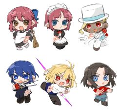 1boy 5girls :d ahoge apron arcueid_brunestud black_hair black_keys_(type-moon) blonde_hair blue_eyes blue_kimono blush boots broom brown_boots chibi chibi_only ciel_(tsukihime) commentary_request cross cross_necklace curtained_hair dark_skin fighting_stance gloves hat highres hisui_(tsukihime) holding holding_knife holding_weapon iasanimusayo jacket japanese_clothes jewelry kara_no_kyoukai kimono knife kohaku_(tsukihime) looking_at_viewer maid maid_apron maid_headdress miniskirt multiple_girls mystic_eyes_of_death_perception necklace nun open_hand pantyhose pink_hair punching red_eyes red_gloves red_jacket reverse_grip ryougi_shiki siblings sisters skirt slashing smile suit sweater top_hat tsukihime tsukihime_(remake) tunic turtleneck turtleneck_sweater twins vampire van-fem weapon white_suit white_sweater wing_collar yellow_eyes 