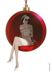  1girl alien_stage artist_name bare_shoulders black_hair bob_cut bow christmas_ornaments closed_mouth commentary crossed_legs dress english_commentary hair_bow high_heels highres martographic ribbon shoes short_hair sitting solo strapless strapless_dress sua_(alien_stage) white_bow white_dress white_ribbon white_shoes 