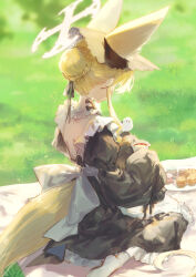  1girl absurdres alternate_costume alternate_hairstyle animal_ear_fluff animal_ears apron back_bow back_cutout bare_back bird bird_on_hand black_dress black_hairband blonde_hair blue_archive bow braid bun_with_braided_base clothing_cutout cup dress english_commentary eshineko extra_ears fox_ears fox_girl fox_tail from_behind hair_bun hairband halo highres holding holding_cup lolita_hairband maid_apron picnic picnic_blanket seia_(blue_archive) sitting sleeves_past_fingers sleeves_past_wrists socks solo tail tea teacup wariza white_bow white_socks yellow_halo 