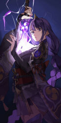  1girl absurdres armor blue_background blunt_bangs braid bridal_gauntlets commentary drawing_sword genshin_impact glowing glowing_sword glowing_weapon hair_ornament highres holding holding_sword holding_weapon human_scabbard japanese_clothes katana kei-sssk kimono lingerie long_braid looking_at_viewer mitsudomoe_(shape) mole mole_under_eye musou_isshin_(genshin_impact) off_shoulder parted_lips purple_hair purple_kimono purple_thighhighs raiden_shogun red_sash sash shoulder_armor single_braid solo standing sword thigh-highs tomoe_(symbol) underwear upper_body violet_eyes weapon wide_sleeves 