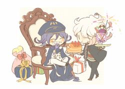  2boys ^_^ animal_collar belt birthday birthday_cake black_cloak black_eyes black_hat black_jacket black_pants black_shoes blush_stickers border brown_shoes buttons cake chain chain_leash checkerboard_cookie chibi cinnamon_stick cloak closed_eyes closed_mouth collar collared_cloak collared_jacket commentary_request cookie crossed_ankles crumbs cup danganronpa_(series) danganronpa_another_episode:_ultra_despair_girls danganronpa_v3:_killing_harmony denim double-breasted drinking_glass eating fireworks food food_bite fork fruit gift giving_food grapes green_shirt grin hair_between_eyes halftone halftone_background happy hat high_collar hitofutarai holding holding_food holding_fork holding_plate holding_tray ice ice_cream ice_cream_float ice_cube jacket jeans komaeda_nagito lapels leash long_sleeves looking_at_another medium_hair messy_hair multicolored_buttons multiple_boys notched_lapels official_alternate_costume oma_kokichi on_throne open_clothes open_jacket outline outside_border pants peaked_cap plate pocky purple_hair red_shirt servant_(danganronpa) shirt shoes short_hair sitting smile soda solid_oval_eyes sparkler strawberry striped_clothes striped_shirt thigh_belt thigh_strap torn_clothes torn_jeans torn_pants tray two-tone_shirt undershirt white_belt white_border white_hair white_jacket white_outline white_pants wine_glass yellow_background 