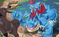  blue_skin brown_eyes brown_fur claws colored_skin counterecho day fangs feraligatr highres no_humans open_mouth outdoors pokemon pokemon_(creature) stantler water 