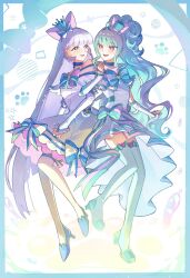  aqua_hair aqua_hairband aqua_thighhighs arm_warmers blue_choker blue_crown blue_eyes blue_hairband bow brooch choker commentary crown crown_earrings cure_lillian cure_nyammy dress dress_bow earrings et_90_1 frilled_arm_warmers full_body hairband hat heart heart_brooch high_heels highres jewelry long_hair looking_at_another magical_girl mini_crown mini_hat mini_top_hat multicolored_bow nekoyashiki_mayu nekoyashiki_yuki pointed_crown precure shiny_cats_pact side_ponytail smile symbol-only_commentary thigh-highs top_hat very_long_hair violet_eyes white_arm_warmers white_dress white_hair white_thighhighs wonderful_precure! 