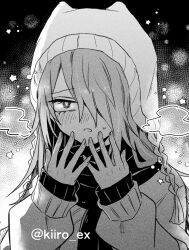  1girl artist_name beanie blush breath breathing_on_hands cold commentary earflap_beanie greyscale hair_over_one_eye hand_blush hat highres hiiro_(kiiro_ex) kimi_no_koto_ga_dai_dai_dai_dai_daisuki_na_100-nin_no_kanojo layered_sleeves long_hair long_sleeves looking_at_viewer mishiro_kogoe monochrome one_eye_covered portrait snowing solo tassel twitter_username wavy_eyes winter_clothes 