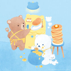  animal animal_focus bear brown_bear butter ceiling_light commentary_request cooking food frying_pan highres holding holding_frying_pan honey honey_dipper honeypot no_humans original pancake pancake_stack polar_bear serico stool stove stuffed_animal stuffed_toy syrup teddy_bear 