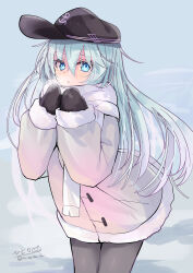  1girl absurdres anchor_symbol black_hat black_mittens black_pantyhose blue_background blue_eyes blue_hair blush breath coat cold commentary_request cowboy_shot flat_cap fur-trimmed_coat fur_trim grey_coat hair_between_eyes hat hat_pin hibiki_(kancolle) highres hizaka kantai_collection long_hair looking_at_viewer mittens one-hour_drawing_challenge pantyhose pout scarf sidelocks signature solo standing twitter_username white_scarf winter winter_clothes 