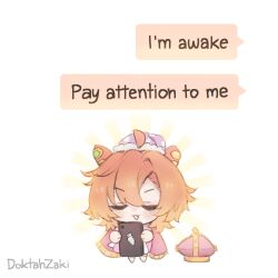  1girl ahoge animal_ears blush cape chibi closed_eyes commentary crown doktahzaki english_commentary english_text hair_between_eyes hat highres holding holding_phone horse_ears horse_girl mini_crown nightcap open_mouth orange_hair phone pink_cape pink_crown short_hair smile solo speech_bubble t.m._opera_o_(o_sole_suo!)_(umamusume) t.m._opera_o_(umamusume) two-tone_skirt umamusume unworn_crown 