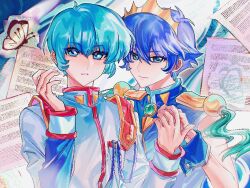  1boy 1girl aiguillette birthday blue_dress blue_eyes blue_hair blue_wrist_cuffs brother_and_sister bug butterfly chinese_commentary commentary dress jacket kaoru_kozue kaoru_miki long_sleeves meimeitou_tufei paper short_hair shoujo_kakumei_utena siblings sleeveless sleeveless_dress tiara twins white_jacket wrist_cuffs 