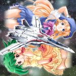  green_hair hat long_hair macross macross_frontier mecha muranako ranka_lee ribbon ribbons sheryl_nome short_hair vf-25 