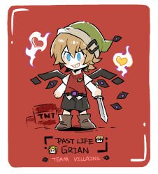  1boy adapted_costume animification black_shorts blonde_hair blue_eyes boots border brown_boots chibi chibi_only commentary english_commentary evolution_smp explosive flipped_hair full_body green_hat grian_(youtuber) grin hair_between_eyes hat heart highres holding holding_sword holding_weapon life_heart_(traffic_life) looking_at_viewer luminous_slime male_focus minecraft minecraft_youtube past_life_smp red_background red_sweater short_hair shorts simple_background smile solo standing sweater sword tnt tnt_block_(minecraft) traffic_life_series watcher_(evolution_smp) weapon white_border wings 