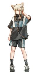  1girl absurdres alternate_costume arknights arknights:_endfield arm_at_side black_jacket black_shoes black_shorts black_socks blonde_hair closed_mouth commentary earphones full_body hand_on_own_ear highres jacket kneehighs lanhetao long_hair looking_at_viewer perlica_(arknights) pixel_art shoes short_sleeves shorts simple_background sneakers socks solo standing white_background white_eyes 