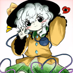  1girl black_hat buttons closed_mouth commentary_request contrast_collar diamond_button green_skirt grey_hair hair_between_eyes hand_up hands_up hat hat_ribbon heart heripantomorrow komeiji_koishi looking_at_viewer ribbon shirt skirt smile solo third_eye touhou wide_sleeves yellow_ribbon yellow_shirt zun_(style) 