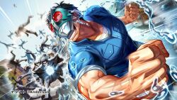 andersonkun765 belt black_hair commentary_request facial_hair kamen_rider kamen_rider_(1st_series) mask mask_on_head multiple_boys muscular muscular_male official_art punching shirt shocker_(kamen_rider) shocker_combatant short_hair tears toujima_tanzaburou toujima_tanzaburou_wa_kamen_rider_ni_naritai