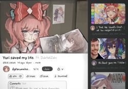  1boy 6+girls agnes_digital_(umamusume) agnes_tachyon_(umamusume) animal_ears beard black_hair black_hat black_jacket black_shirt blood blue_eyes blue_hair blue_hat blue_jacket blush bow brown_hair collar collared_shirt daitaku_helios_(umamusume) doktahzaki ears_through_headwear facial_hair flower glasses green_collar grin hair_between_eyes hair_bow hair_flower hair_ornament hat highres horse_ears horse_girl jacket long_hair looking_at_another looking_at_viewer manhattan_cafe_(creeping_shadow)_(umamusume) manhattan_cafe_(umamusume) matikanetannhauser_(umamusume) meisho_doto_(umamusume) mejiro_dober_(umamusume) mihono_bourbon_(umamusume) mrbeast multicolored_hair multiple_girls narita_top_road_(umamusume) necktie nosebleed open_mouth orange_hair pink_shirt purple_bow purple_flower purple_shirt red_bow red_eyes red_shirt rice_shower_(umamusume) round_eyewear sailor_collar school_uniform shirt short_hair short_sleeves side_ponytail sidelocks skirt smile t.m._opera_o_(o_sole_suo!)_(umamusume) t.m._opera_o_(umamusume) tracen_school_uniform two-tone_hair two_side_up umamusume very_short_hair violet_eyes w white_sailor_collar white_shirt white_skirt white_sleeves yellow_eyes yellow_necktie youtube yuri yuyulivestreamdaily 