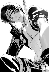  1boy bikkusama closed_mouth commentary_request crop_top forehead_protector from_below gloves greyscale highres konohagakure_symbol looking_at_viewer male_focus monochrome naruto_(series) naruto_shippuuden navel partially_fingerless_gloves sai_(naruto) short_hair simple_background solo weapon weapon_on_back white_background zipper 