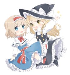  2girls absurdres alice_margatroid apron back_bow black_hat black_shoes black_skirt black_vest blonde_hair blue_dress blue_eyes blush bow braid capelet chibi chibi_only commentary_request dress fang frilled_hairband frilled_sash frilled_skirt frills full_body hair_bow hairband hat hat_bow highres kirisame_marisa lolita_hairband long_hair long_sleeves looking_at_viewer multiple_girls open_mouth red_hairband red_shoes sash shoes side_braid simple_background single_braid skin_fang skirt smile socks star_(symbol) touhou tsuno_no_hito vest waist_apron white_apron white_background white_bow white_capelet white_socks witch_hat yellow_eyes 