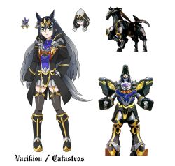  1girl animal_ears black_coat coat darktidalwave gloves gold_trim green_eyes highres hood hood_up horse_ears horse_girl horse_tail long_hair mahou_sentai_magiranger simple_background skirt super_sentai tail umamusume varikion_(magiranger) white_background wolzard 