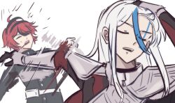  1boy 1girl hair_slicked_back hand_in_own_hair highres meme multicolored_hair naoya_hitting_choso_without_looking_(meme) parody rapid_punches red_hair scene_reference slapping streaked_hair sumino_takumi the_hundred_line_-last_defense_academy- v'ehxness white_background white_hair yan_(keisaiins) 
