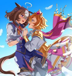  2girls absurdres ahoge animal_ears armor bag between_breasts blue_dress blush boro^2 breasts brown_hair cape commentary crown double-parted_bangs dress ear_ribbon english_commentary gloves gold_corset hair_between_eyes hairband headband highres holding_hands horse_ears horse_girl horse_tail jewelry large_breasts long_sleeves looking_at_another medium_hair meisho_doto_(turbulent_blue)_(umamusume) meisho_doto_(umamusume) mini_crown multicolored_hair multiple_girls multiple_rings open_mouth orange_hair orange_tail pink_cape pink_crown pink_hairband pink_headband ring shirt short_hair shoulder_armor shoulder_bag skirt smile strap_between_breasts t.m._opera_o_(o_sole_suo!)_(umamusume) t.m._opera_o_(umamusume) tail thigh-highs two-tone_hair two-tone_skirt umamusume violet_eyes white_gloves white_hair white_shirt white_thighhighs yuri 