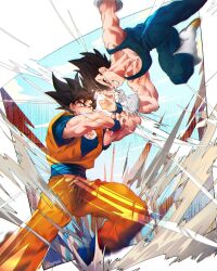  2boys battle black_eyes black_hair blue_bodysuit blue_boots blue_sash blue_shirt blue_wrist_cuffs bodysuit boots dougi dragon_ball dragon_ball_z gloves highres male_focus medium_hair midair multiple_boys ommmyoh orange_pants orange_shirt pants sash shirt son_goku spiky_hair vegeta white_boots white_gloves wrist_cuffs 