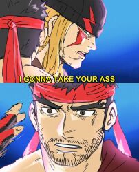  2boys alex_(street_fighter) beanie beard_stubble black_hair blonde_hair blue_eyes brown_eyes cez commentary english_commentary english_text facial_hair hat headband highres long_hair male_focus multiple_boys red_headband ryu_(street_fighter) short_hair street_fighter street_fighter_6 stubble 