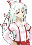  fujiwara_no_mokou goyawa hair_ribbon hair_ribbons long_hair red_eyes ribbon ribbons suspenders touhou white_hair 