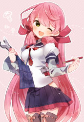  1girl akashi_(kancolle) blueprint_(object) blush breasts brown_thighhighs clothing_cutout diagonal-striped_background green_eyes hair_ribbon hip_vent holding holding_pencil kantai_collection long_hair long_sleeves looking_at_viewer medium_breasts natsumi_(natumi06) one_eye_closed open_mouth pencil pink_background pink_hair pleated_skirt red_ribbon ribbon sailor_collar school_uniform serafuku sidelocks skirt solo striped_background thigh-highs tress_ribbon very_long_hair wrench 
