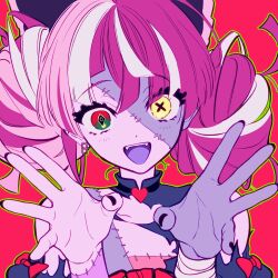  1girl colored_skin commentary double_bun fangs green_outline grey_skin hair_bun heterochromia highres hololive hololive_indonesia kureiji_ollie long_hair lubya open_mouth outline patchwork_skin red_background red_eyes smile stitched_face stitches symbol-only_commentary symbol-shaped_pupils virtual_youtuber x-shaped_pupils yellow_eyes zombie 