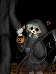  1boy 1girl :d black_cloak black_eyes blood buttons candy cloak commentary_request cosplay creepypasta death_(entity) diamond_button eyeball food green_hair grim_reaper grim_reaper_(cosplay) halloween halloween_bucket halloween_costume heart heripantomorrow jack-o'-lantern komeiji_koishi lollipop pumpkin scythe slender_man smile suit tall_male third_eye touhou trick_or_treat 