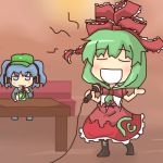  chibi denohito drink green_hair kagiyama_hina kawashiro_nitori long_hair lowres ribbon ribbons short_hair singing straw touhou 