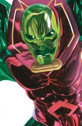  1boy absurdres alex_ross annihilus belt colored_skin comic_cover cover cover_page covered_abs fantastic_four green_mask green_skin highres leotard looking_to_the_side male_focus marvel muscular muscular_male official_art pink_leotard solo upper_body western_comics_(style) 