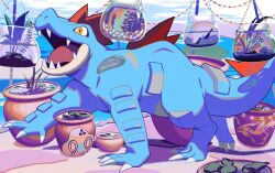  akira_kira all_fours blue_skin brown_eyes claws colored_skin fangs feraligatr from_side no_humans open_mouth plant pokemon pokemon_(creature) potted_plant solo tail 
