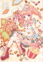  apron argyle asaki_yuzuno bloomers boots candy candy_cane checkerboard_cookie cookie cupcake dress drill_hair food food_themed_clothes gingerbread_house gloves hat highres mini_top_hat pink_hair purple_eyes ribbon ribbons top_hat twintails violet_eyes yuzuno_asaki 